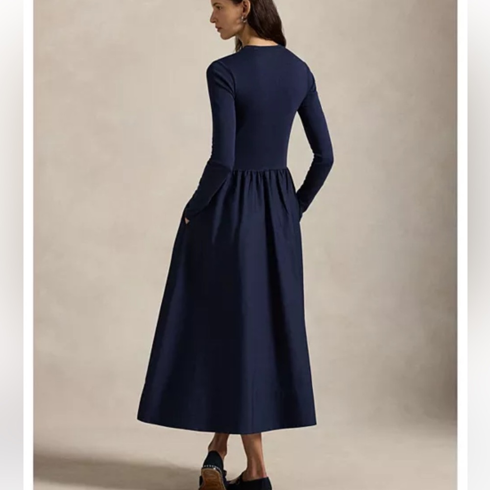 Polo by Ralph Lauren Cotton Long Sleeve Navy Midi Dress - Picture 3 of 6